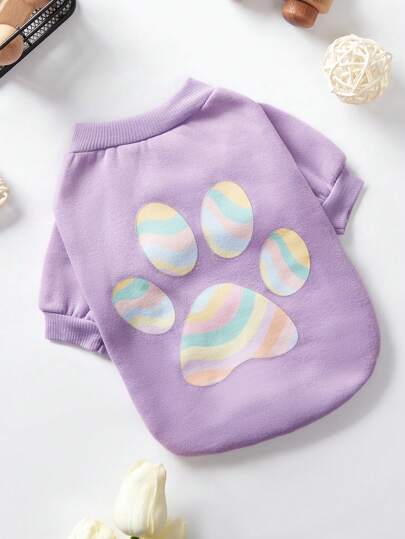 Emily J 1 pieza Sudadera sin capucha para mascotas kawaii cálida con lindo estampado de huella de pata morada, para días festivos
