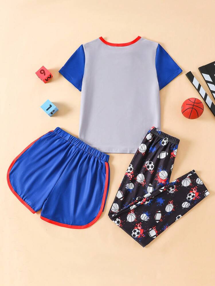 3pcs/Set Tween Boys' Cute Sports Soccer Print Short Sleeve T-Shirt, Pants And Shorts Casual Homewear