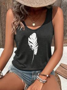 INAWLY 女士羽毛印花背心 - 深灰色 - 查看 1