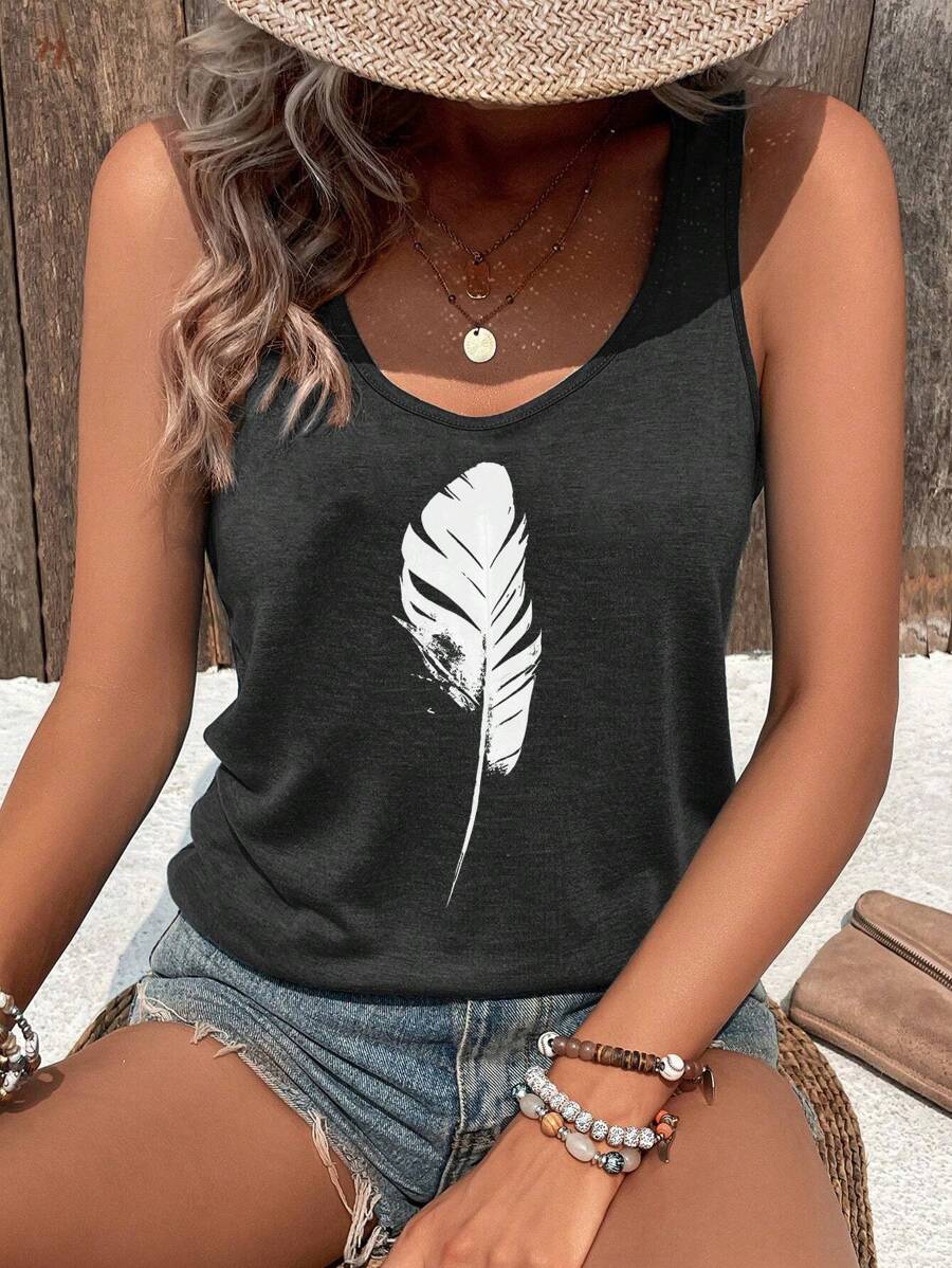 INAWLY 女士羽毛印花背心 - 深灰色 - 查看 1