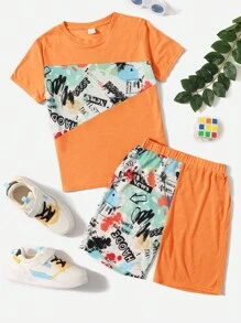 SHEIN Tween 男孩舒適塗鴉印花短袖 T 恤和短褲套裝 - 橘色 - 查看 1