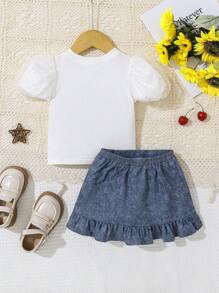 SHEIN 嬰兒女童休閒針織泡泡短袖上衣和牛仔印花裙套裝 - 藍色 - 查看 2