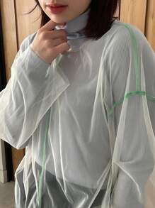 FRIFUL Women's Contrast Trim Sheer Blouse