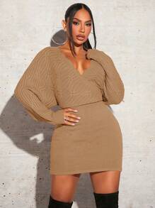 SHEIN SXY 深v領燈籠袖毛衣連衣裙 - 卡其色 - 查看 4