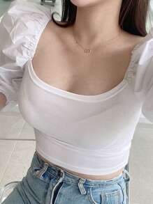 DAZY 女式纯色泡泡袖优雅深U领上衣，秋季服装长袖上衣 - 白色 - 查看 5