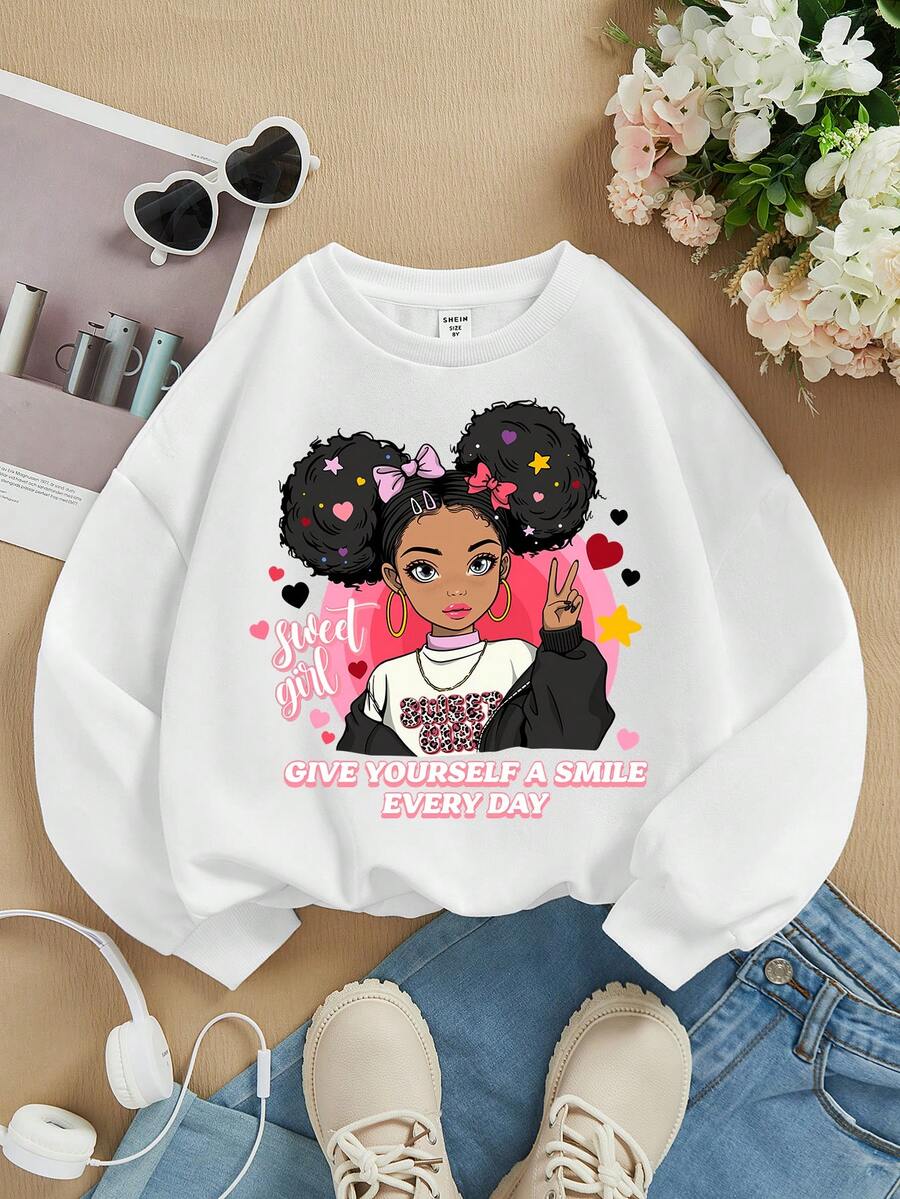 適用於秋冬季節,tween女孩的休閒簡約卡通人物和口號印花長袖圓領衫 - 白色 - 查看 1