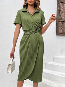 SHEIN Privé 女式十字交叉細節短袖襯衫連衣裙 - 軍綠色 - 查看 3