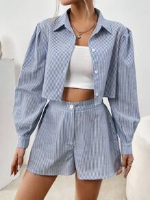 SHEIN Essnce 女性條紋襯衫+短褲兩件套,商務裝