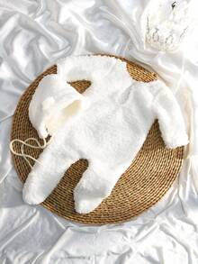 新生兒男寶寶的毛絨熊耳兜帽連襪連體短衣,攝影服飾套裝 - 白色 - 查看 6