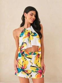 Floral Print Halter Top & Shorts - Multicolor - View 1