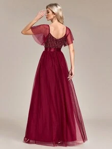 Vestido De Gala De Tul Transparente Con Mangas Abullonadas, Parche De Lentejuelas Y Diseño De Volantes Para Promoción - Burdeos - Ver 2