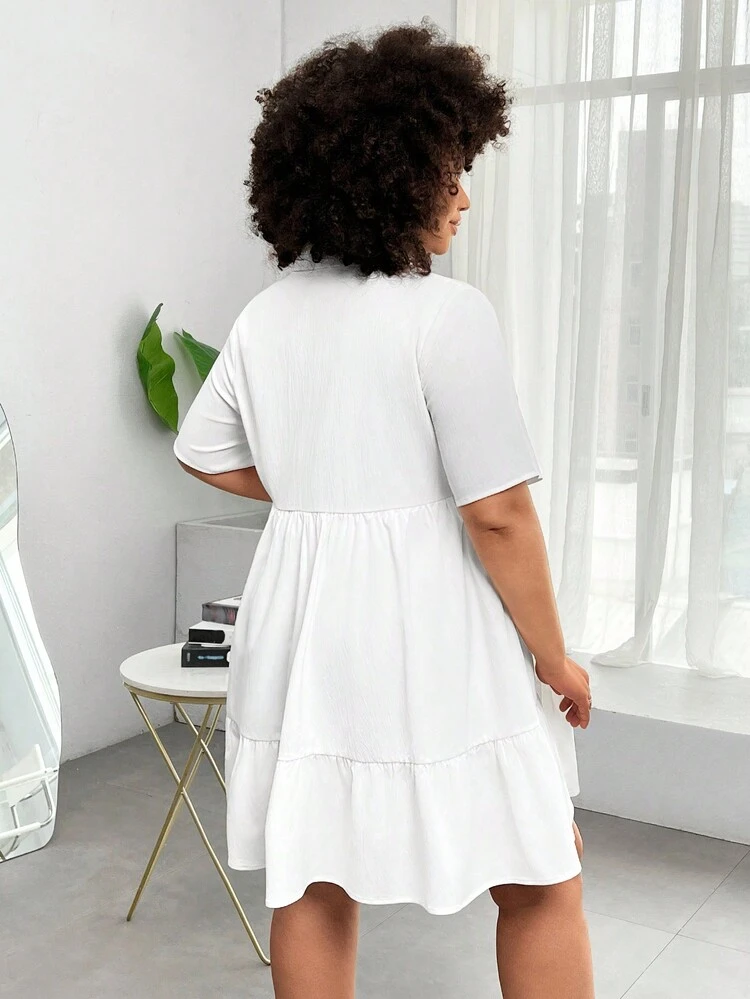 Plus Size Women's Loose Solid Color Button Half-Placket Ruffle Hem Dress