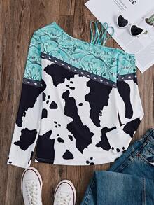 SHEIN LUNE 不對稱領口長袖 T 卹 - 彩色 - 查看 3