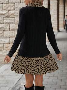 SHEIN LUNE 女裝兩件式長袖連衣裙,對比波點圖案板片設計 - 卡其色 - 查看 2