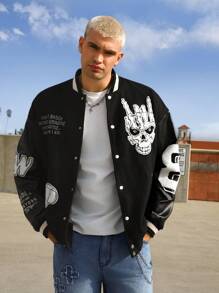 Manfinity LEGND 男士字母與骷髏印花條紋彈力邊條夾克 - 黑色 - 查看 5