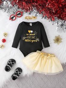 SHEIN Glamorique Kids Baby Girls' Slogan Printed Long Sleeve Bodysuit And Mesh Tutu Skirt Outfit - Black - View 1