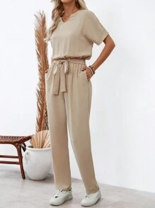 SHEIN LUNE Của phụ nữ Chải Cổ chữ V Batwing Ngắn tay Áo liền quần - Màu be - Xem 3