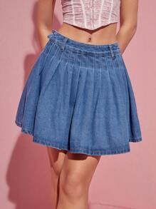 SHEIN MOD Women's Solid Color Pleated Denim Skirt - Dark Wash - View 4