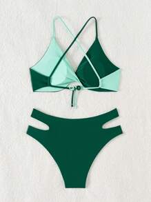SHEIN Swim Conjunto de bikini con bloqueo de color y adorno de strass para playa de verano - Multicolor - Ver 4