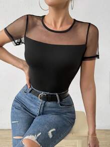 SHEIN Essnce Áo thun lưới tương phản tay ngắn cho nữ - màu đen - Xem 4