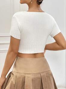 Flirla Top Corto De Punto De Manga Corta De Color Liso Para Mujer