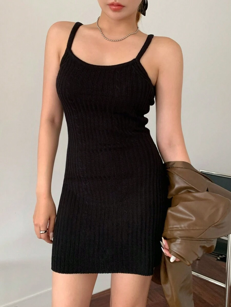 DAZY Women'S Slim Fit Solid Color Knit Spaghetti Strap Sweater Dress,Fall Clothes - Black - View 1
