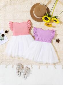 SHEIN Baby Girl'S Casual Knitted Ruffle Hem Mesh Embroidered Flower Dress With Matching Bloomers Set