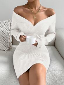 SHEIN Privé 女士修身毛衣連衣裙,帶十字設計 - 白色 - 查看 1