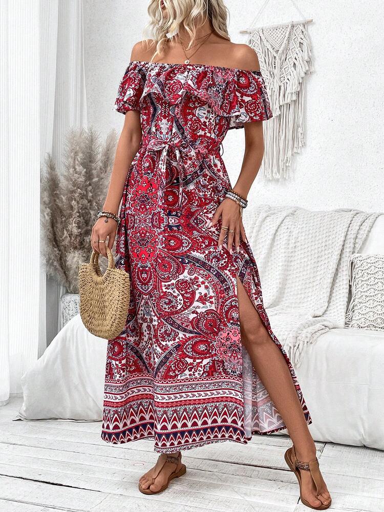 Paisley Print Off Shoulder High Side Split Dress