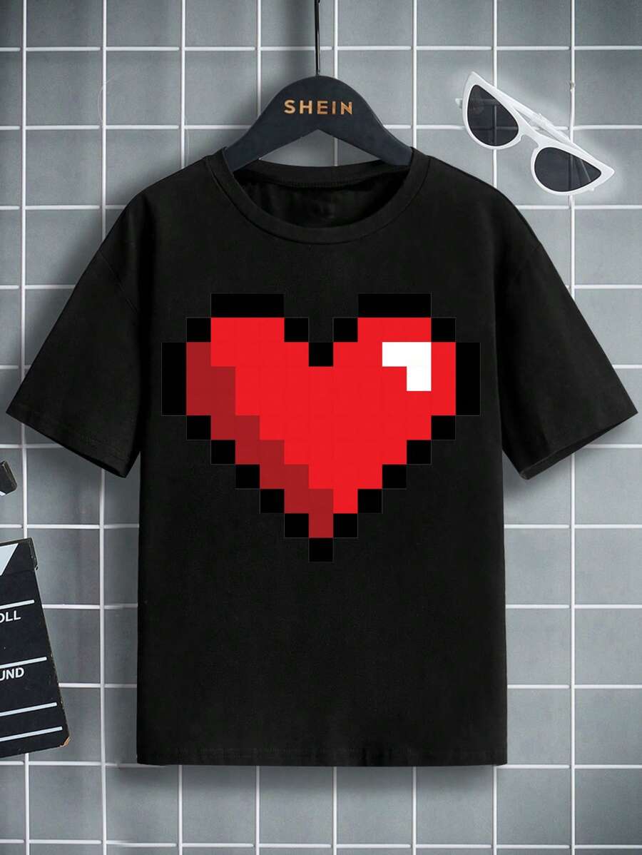 少年男孩心形印花t恤 - 黑色 - 查看 1