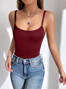 SHEIN EZwear Của phụ nữ Màu thuần Dây đeo Mì Ý  Áo liền quần chặt - Màu Đỏ Sâu - Xem 7