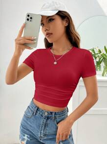 SHEIN EZwear 純色側褶短袖t恤 - 玫瑰紅 - 查看 5