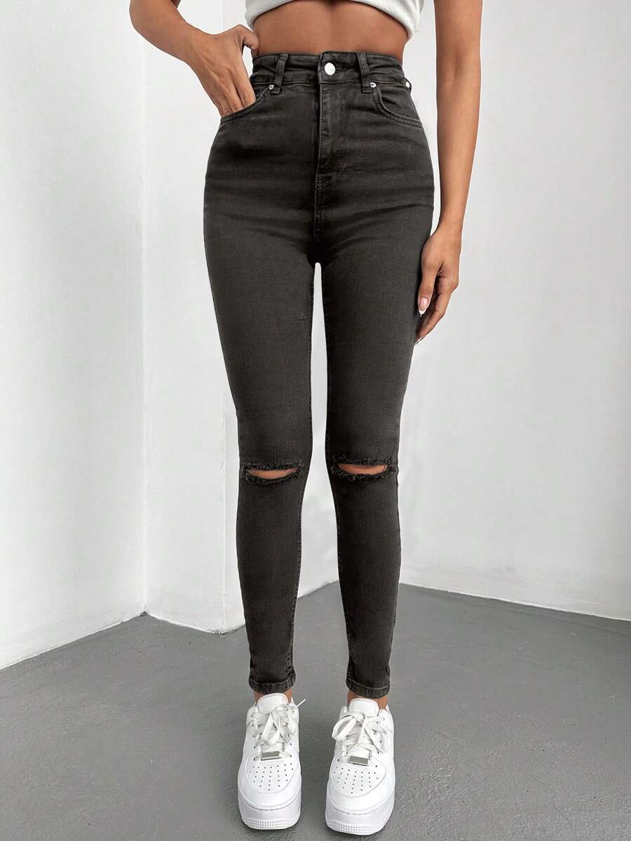 Cottnline Women'S Slim Fit Distressed Jeans - Dark Grey - View 1