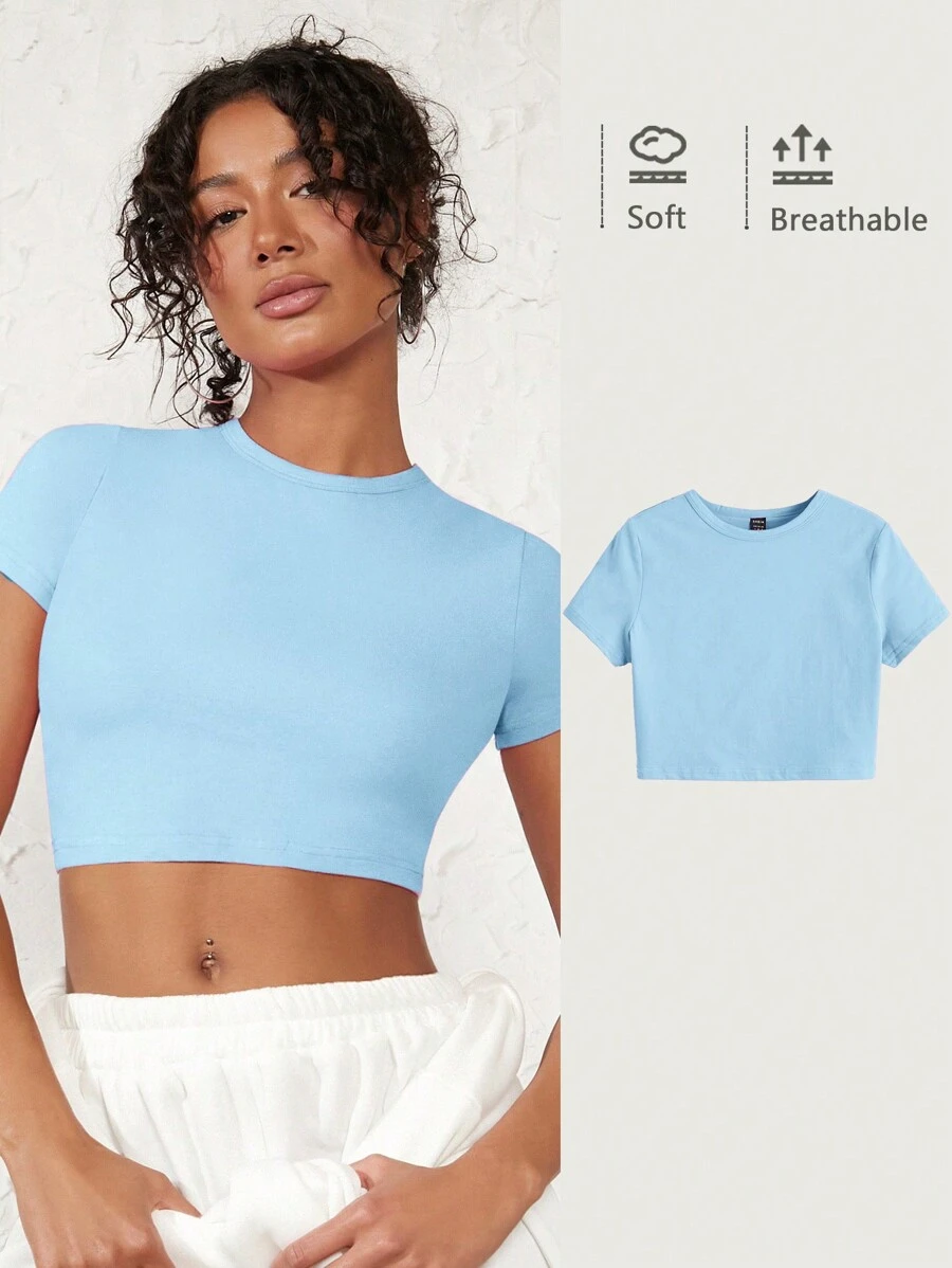 SHEIN BASICS Women's Round Neck Cropped T-Shirt - Baby Blue - View 1