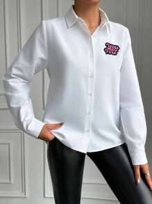 RueChic Women's Long Sleeve Shirt With Embroidered Letters - White - View 3