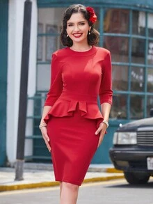 MUXXN Thanh lịch Chiều dài đầu gối Váy bodycon Với , Tròn Đường viền cổ áo , Trang trí Dây thắt lưng , Nhỏ bé Kèn Hem Và Khe Trở lại - Đỏ - Xem 4