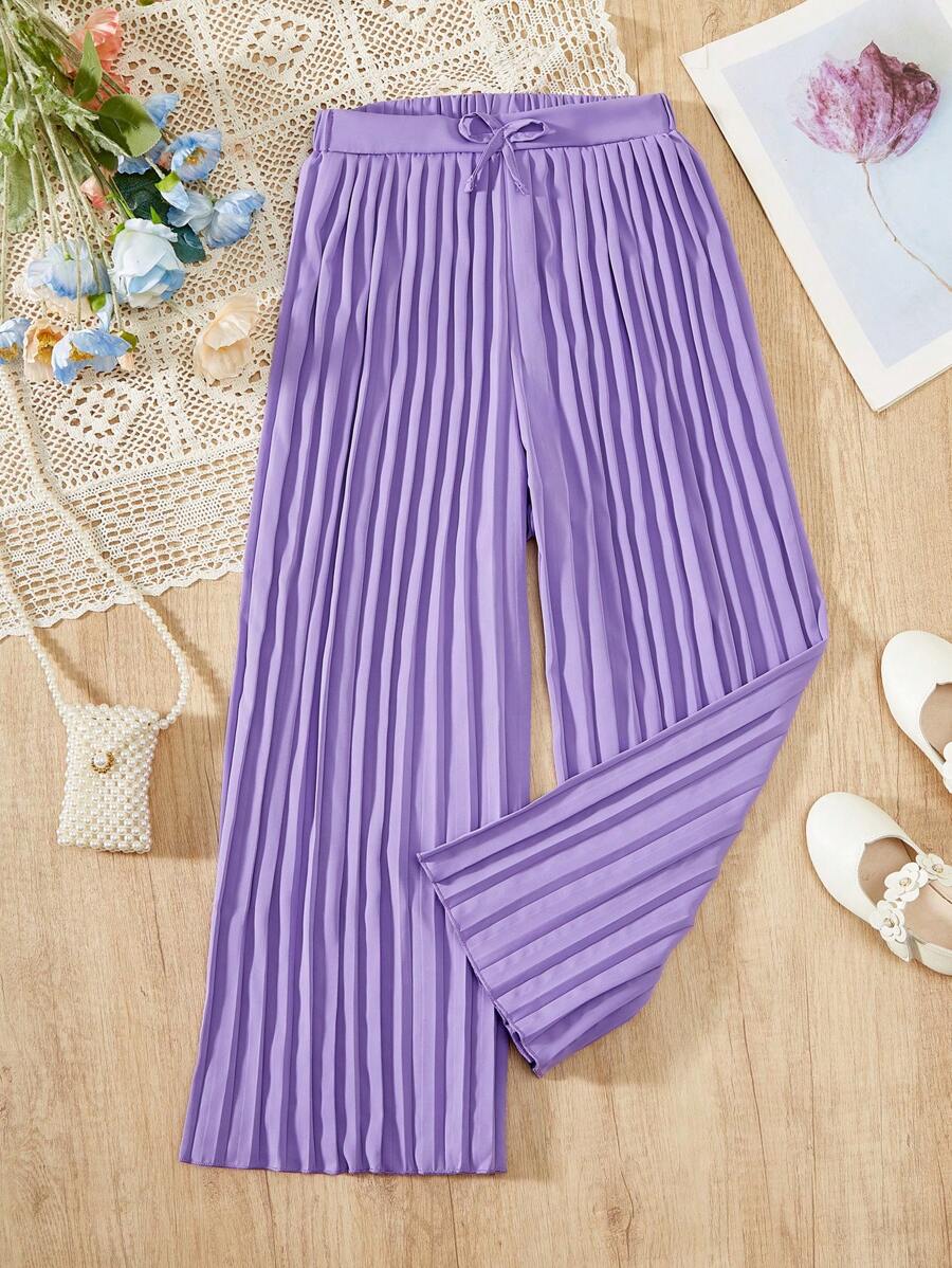 SHEIN Tween 女童純色百褶寬褲 - 紫色 - 查看 1