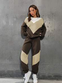 SHEIN Unity Colorblock Thermal Lined Long Sleeve Sweatshirt And Sweatpants Set - Multicolor - View 4