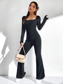 SHEIN EZwear Women's Solid Color Fleece Jumpsuit - Grey - View 4