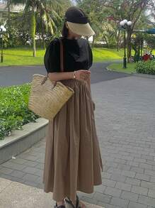 DAZY Vestido de mujer con mangas abullonadas y cintura ajustable en estilo de patchwork para uso diurno - Caqui - Ver 6