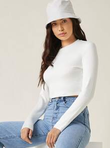 SHEIN BASICS 純色圓領長袖短款t恤 - 白色 - 查看 3