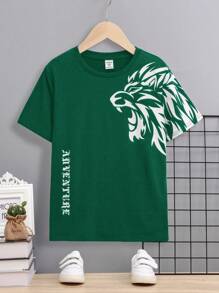 SHEIN Tween Boys' Casual Comfortable Lion Pattern T-Shirt - Green - View 1