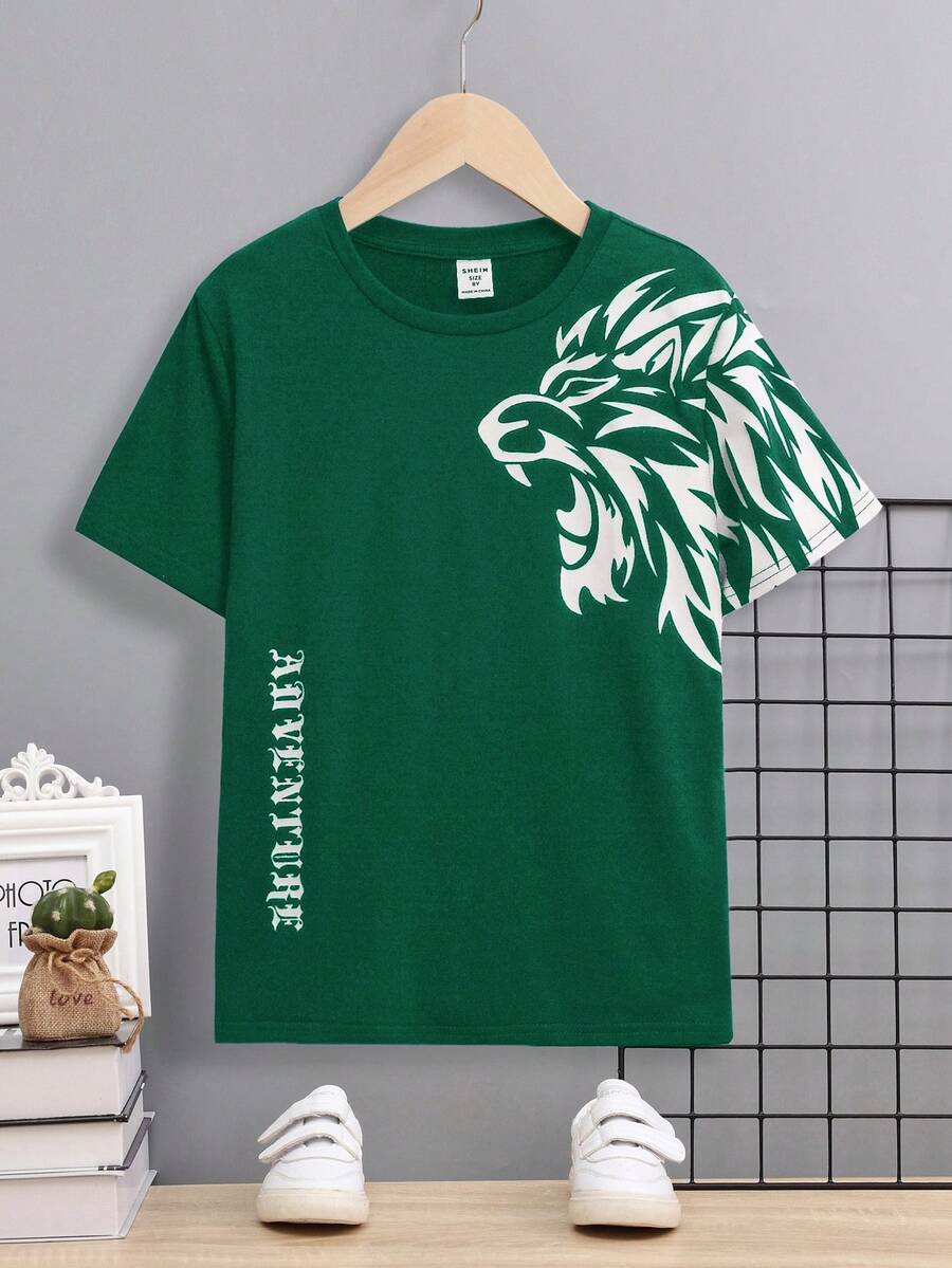 SHEIN Tween Boys' Casual Comfortable Lion Pattern T-Shirt - Green - View 1
