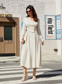 SHEIN Privé Solid Color Turn-Down Collar Long Sleeve Dress - Beige - View 3