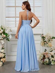 SHEIN Belle Adult Bridesmaid Dress With Ruffled Details, Halter Neckline, And Extra Large Swing Hem - Baby Blue - View 3