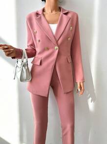 EURMUSE Women's Solid Color Metal Double-Breasted Long Sleeve Blazer And Pants Casual Suit Set - Baby Pink - View 6