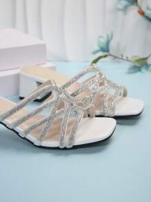 女款白色童話風方頭高跟鑲鑽涼鞋,適合夏秋季節 - 白色 - 查看 4