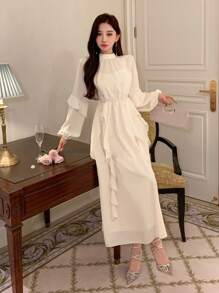 DAZY Women's Lantern Sleeve Stand Collar Patchwork Ruffle Hem Dress, Birthday Prom Dress,Fall Clothes Long Sleeve Dress Elegant Women Dresses Maxi Dress - Beige - View 6