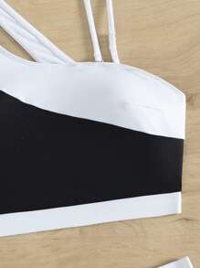 SHEIN Swim Summer Beach Color Blocking Swimwear Set - Black and White - View 4