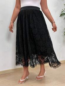 SHEIN Clasi 大尺碼高腰蕾絲覆蓋a字裙 - 彩色 - 查看 3